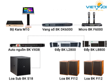Dàn karaoke kinh doanh VM-KD05: Sub BK S18 1 cái, Vang số BK DK6000+ 1 cái, Auto nguồn BK VX08 1 cái…